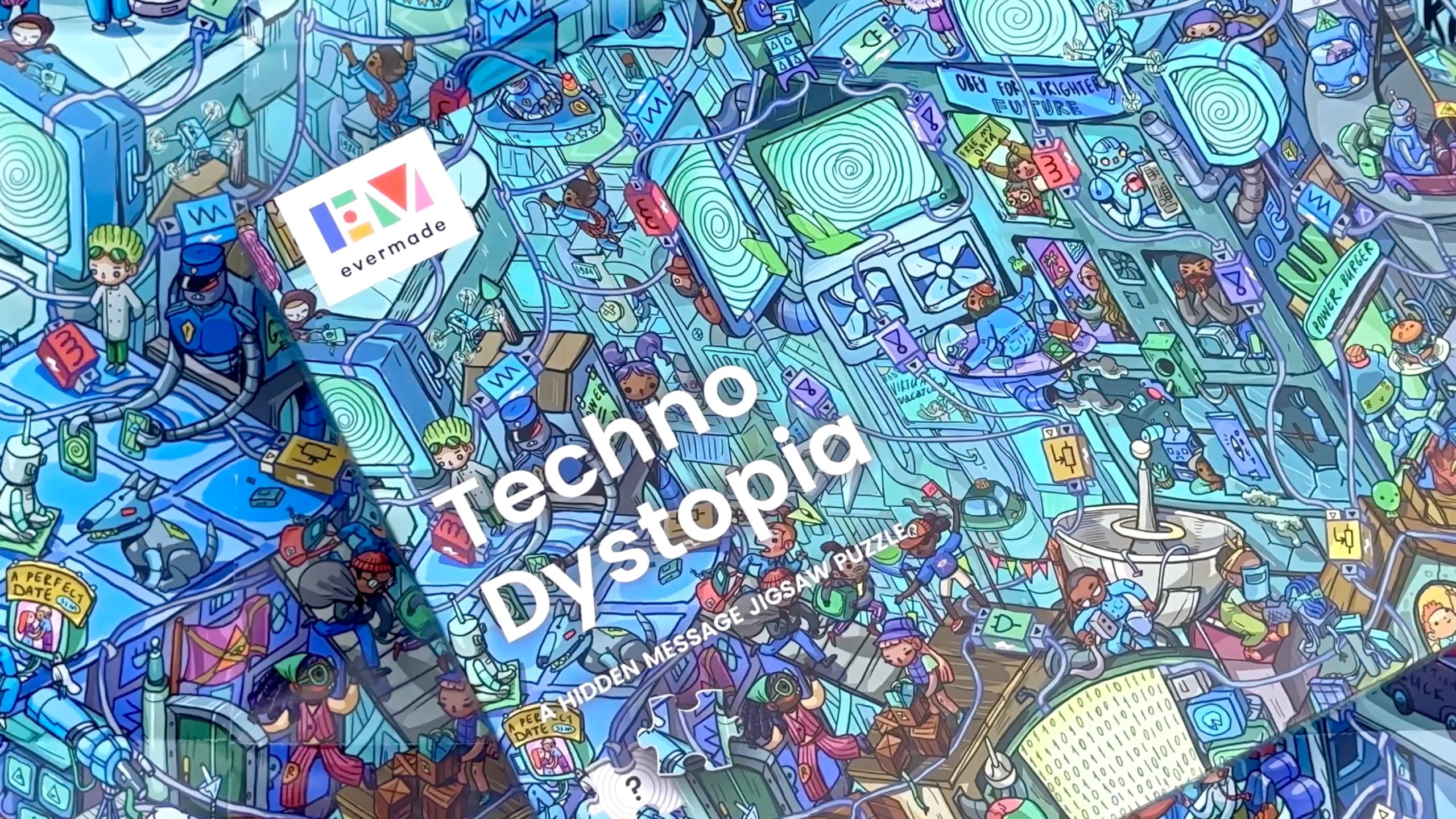 Evermade Techno Dystopia postcard clues, enhances mystery-solving for puzzle fans.