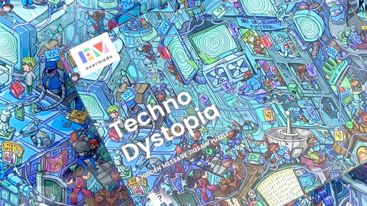 Evermade Techno Dystopia postcard clues, enhances mystery-solving for puzzle fans.
