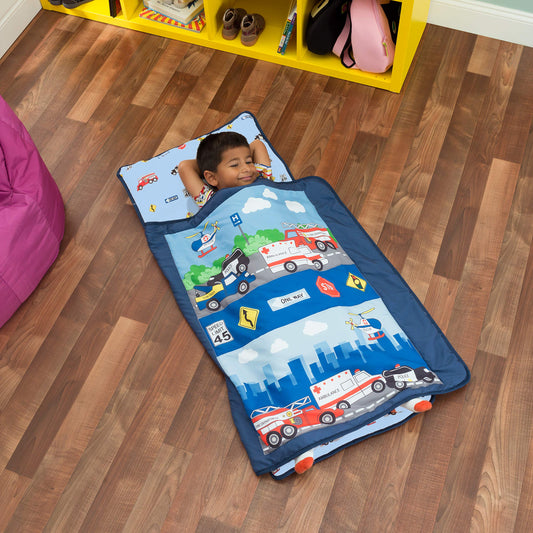 EVERYDAY KIDS fire police rescue nap mat rollup enables easy transport.