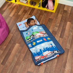 EVERYDAY KIDS fire police rescue nap mat rollup enables easy transport.