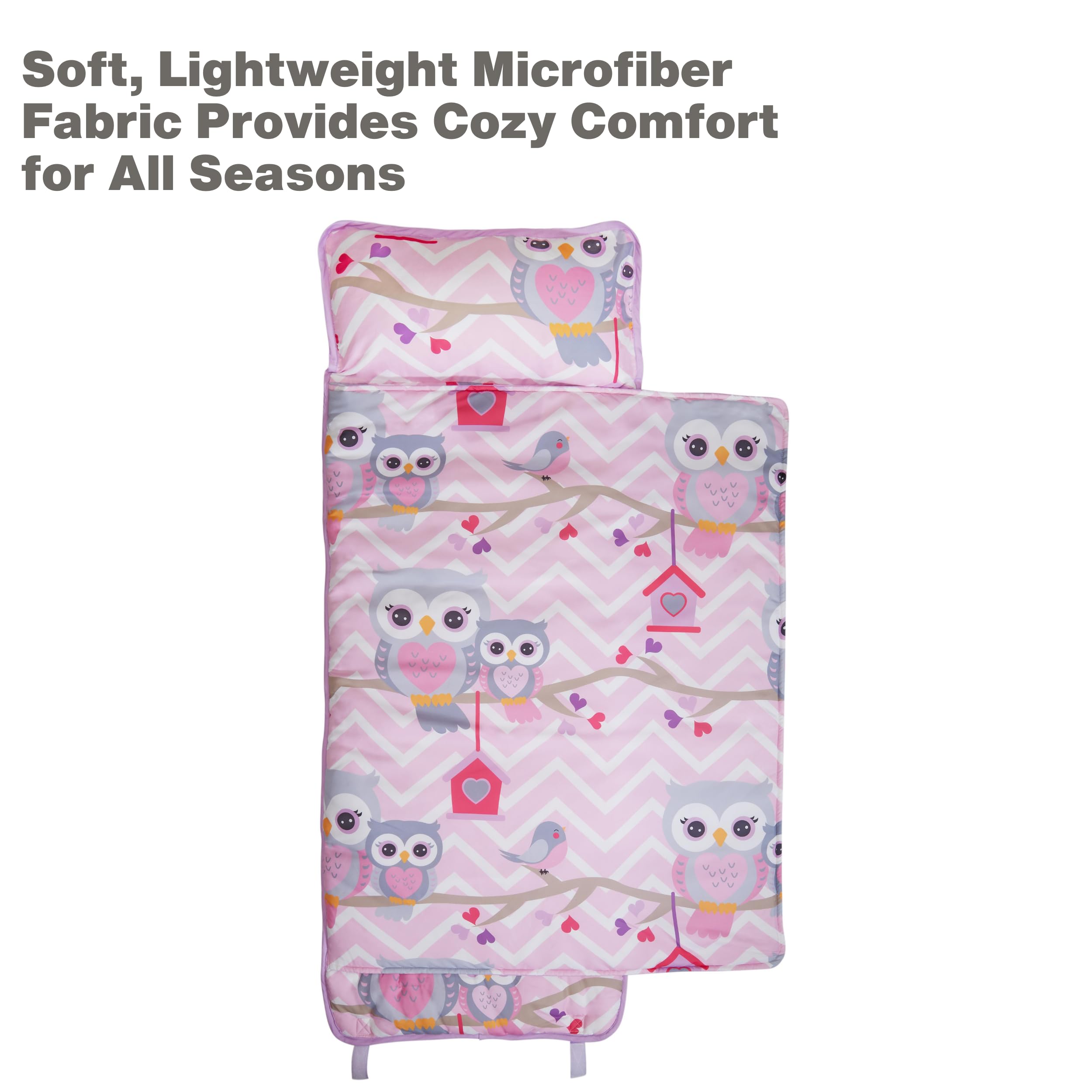 EVERYDAY KIDS Nap Mat with Removable Pillow Sweet Owls – Rollup Design for Preschool & Daycare (Ages 3–6)