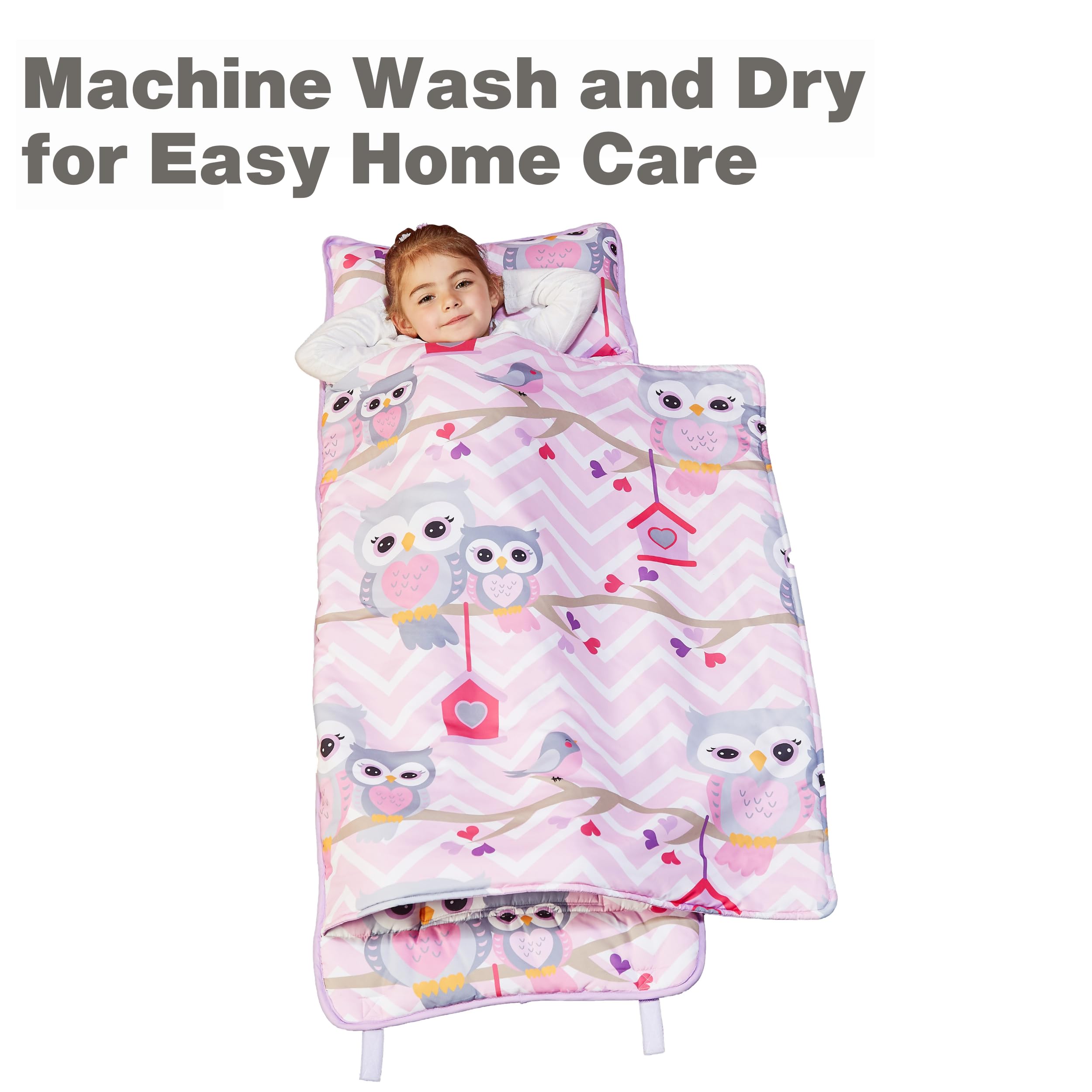 EVERYDAY KIDS Nap Mat with Removable Pillow Sweet Owls – Rollup Design for Preschool & Daycare (Ages 3–6)