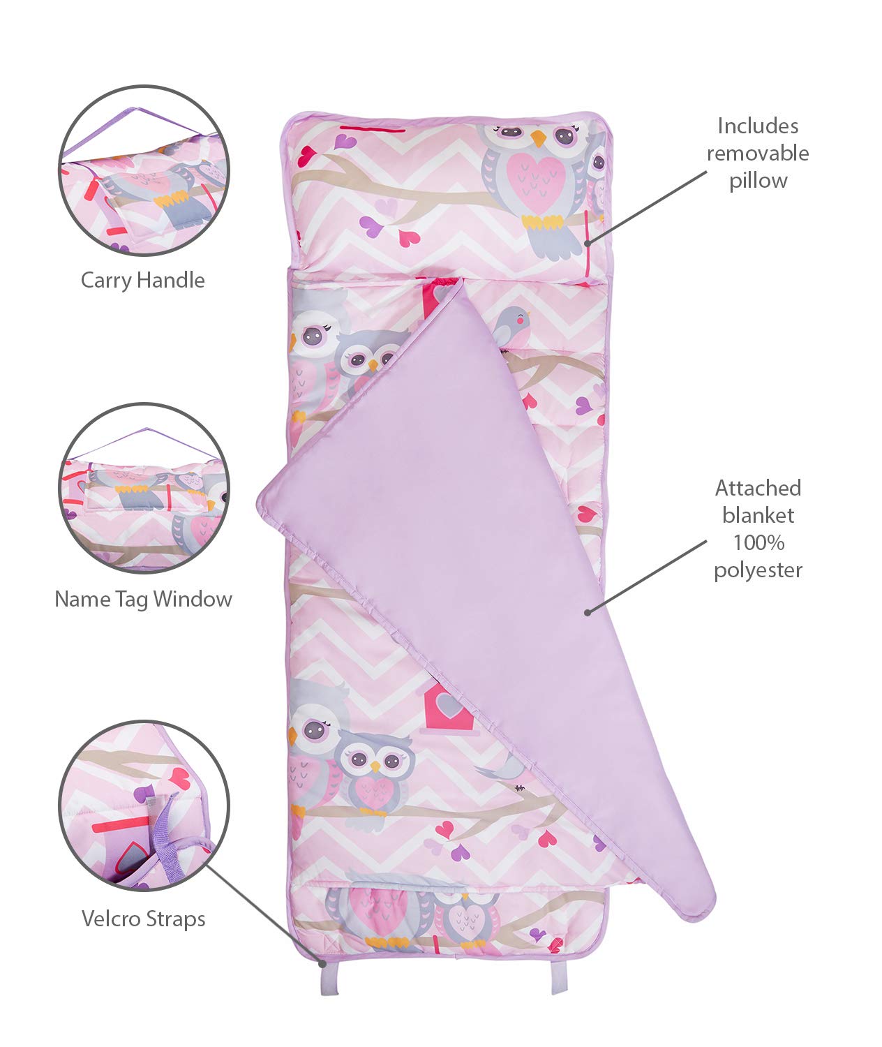 EVERYDAY KIDS Nap Mat with Removable Pillow Sweet Owls – Rollup Design for Preschool & Daycare (Ages 3–6)