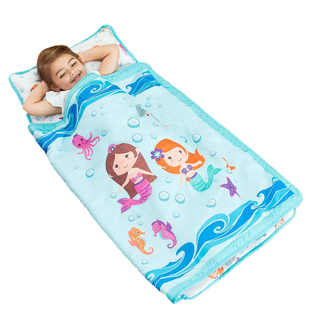 EVERYDAY KIDS nap mat in underwater mermaids design ready for easy rollup and travel.