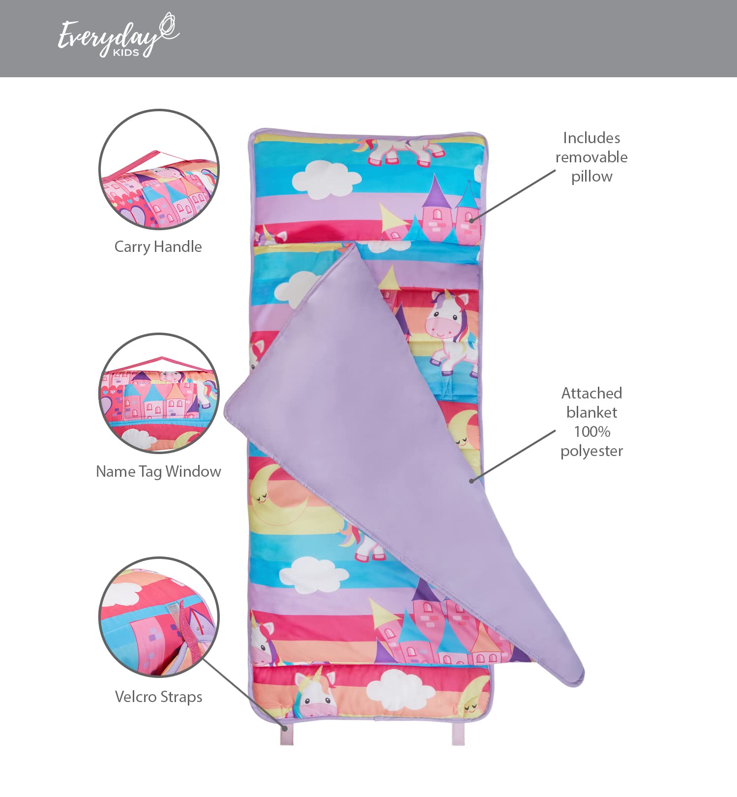 EVERYDAY KIDS Unicorn Dreams machine-washable fabric stays vibrant after washes.