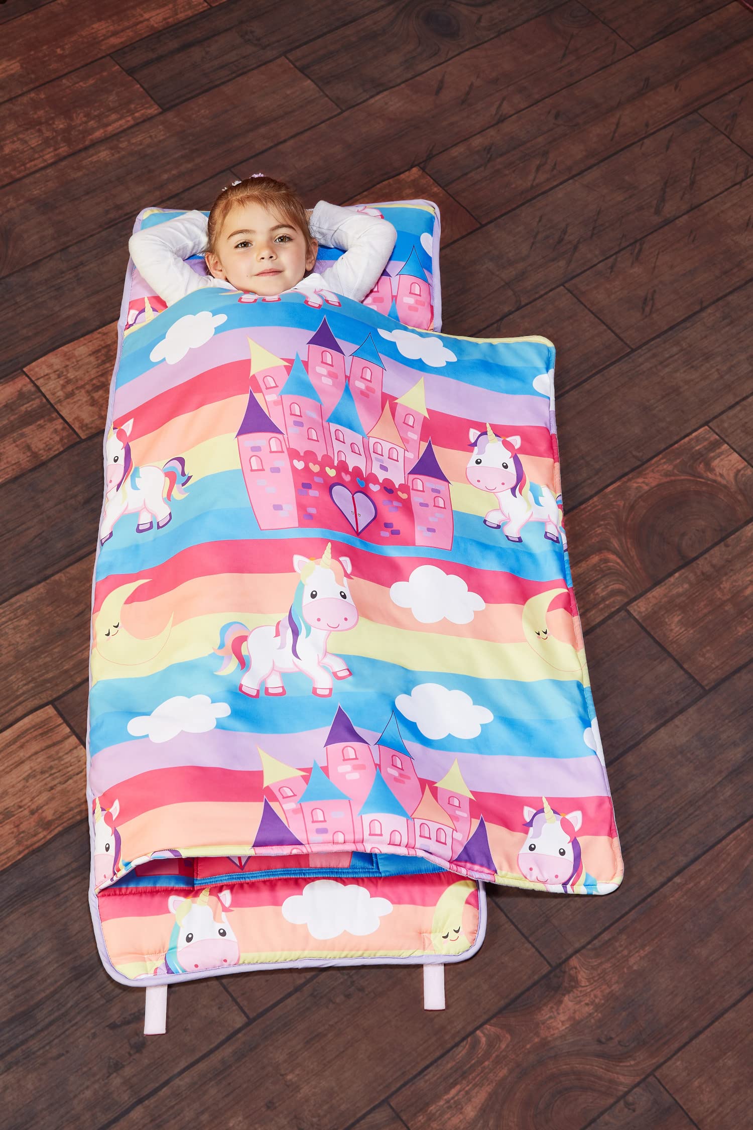 EVERYDAY KIDS Unicorn Dreams nap mat with removable pillow for longer use.