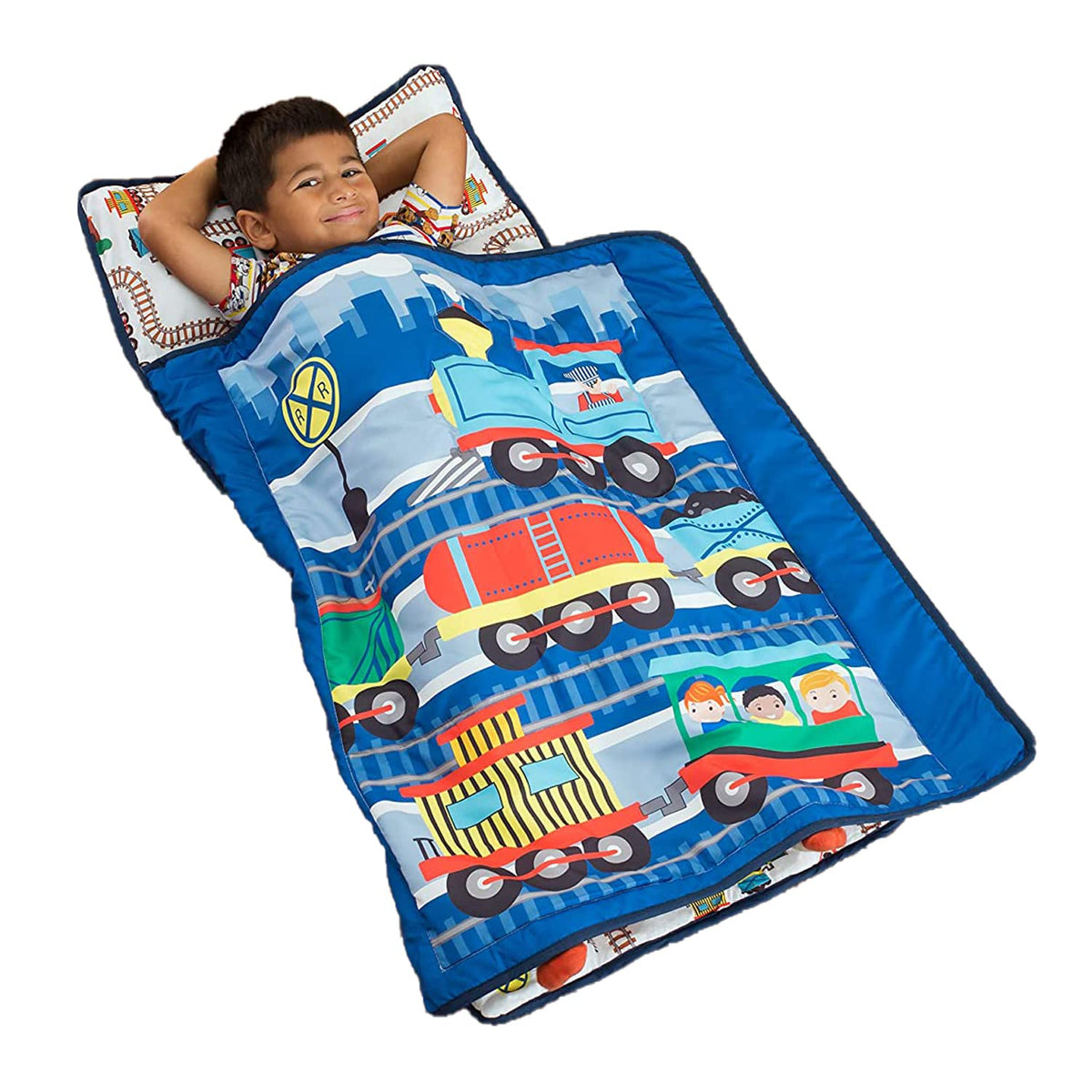 Everyday Kids Choo Choo Train nap mat rolled for easy transport and storage.