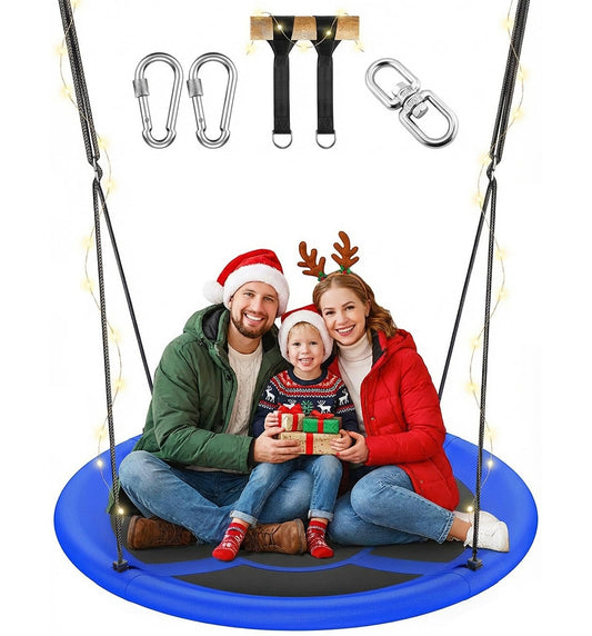Everyfun blue saucer swing on a tree for backyard family fun.