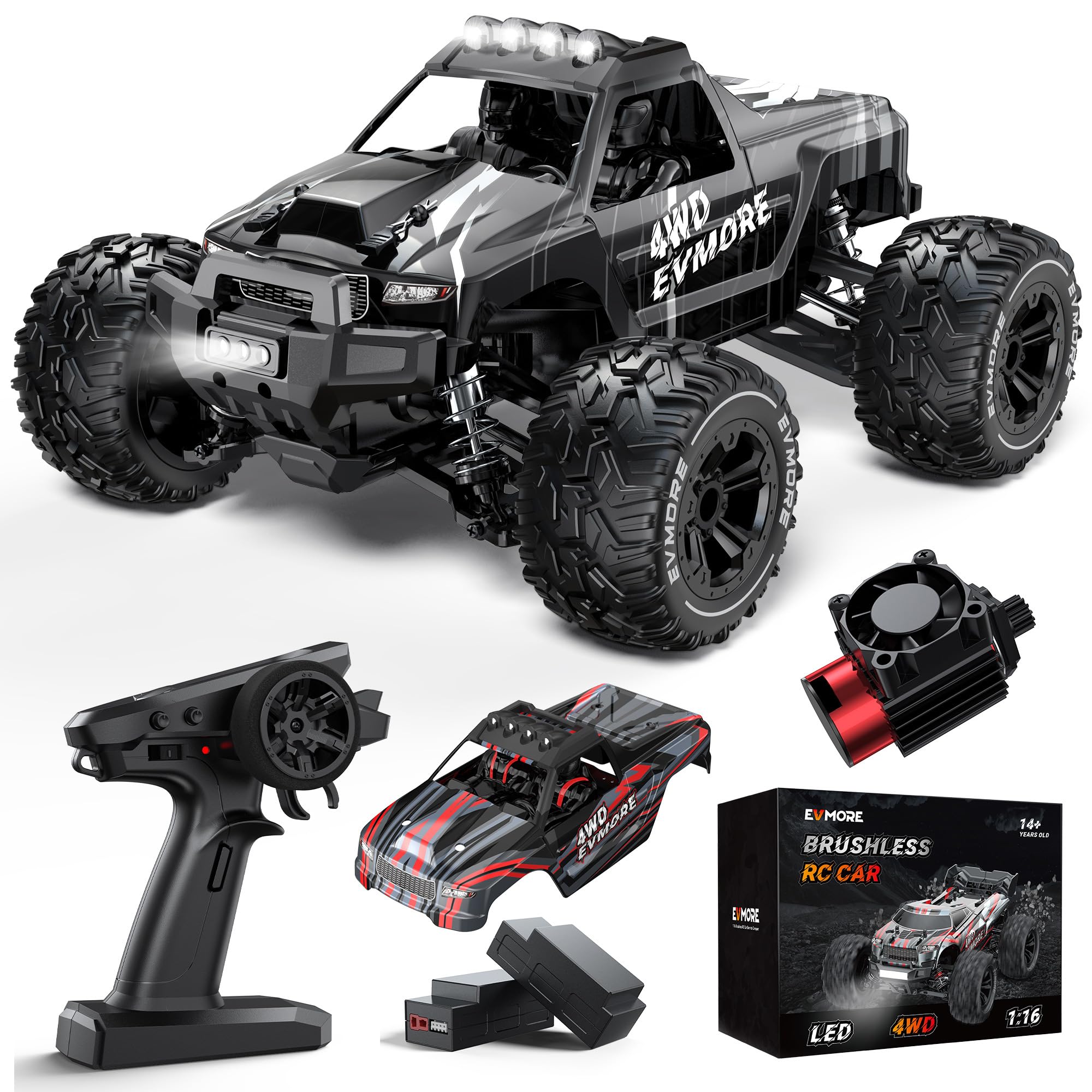Evmore 1/16 brushless RC car front view highlighting fast off-road potential.