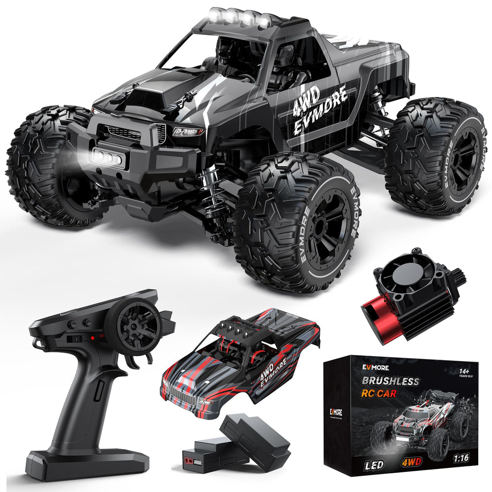 Evmore 1/16 brushless RC car front view highlighting fast off-road potential.