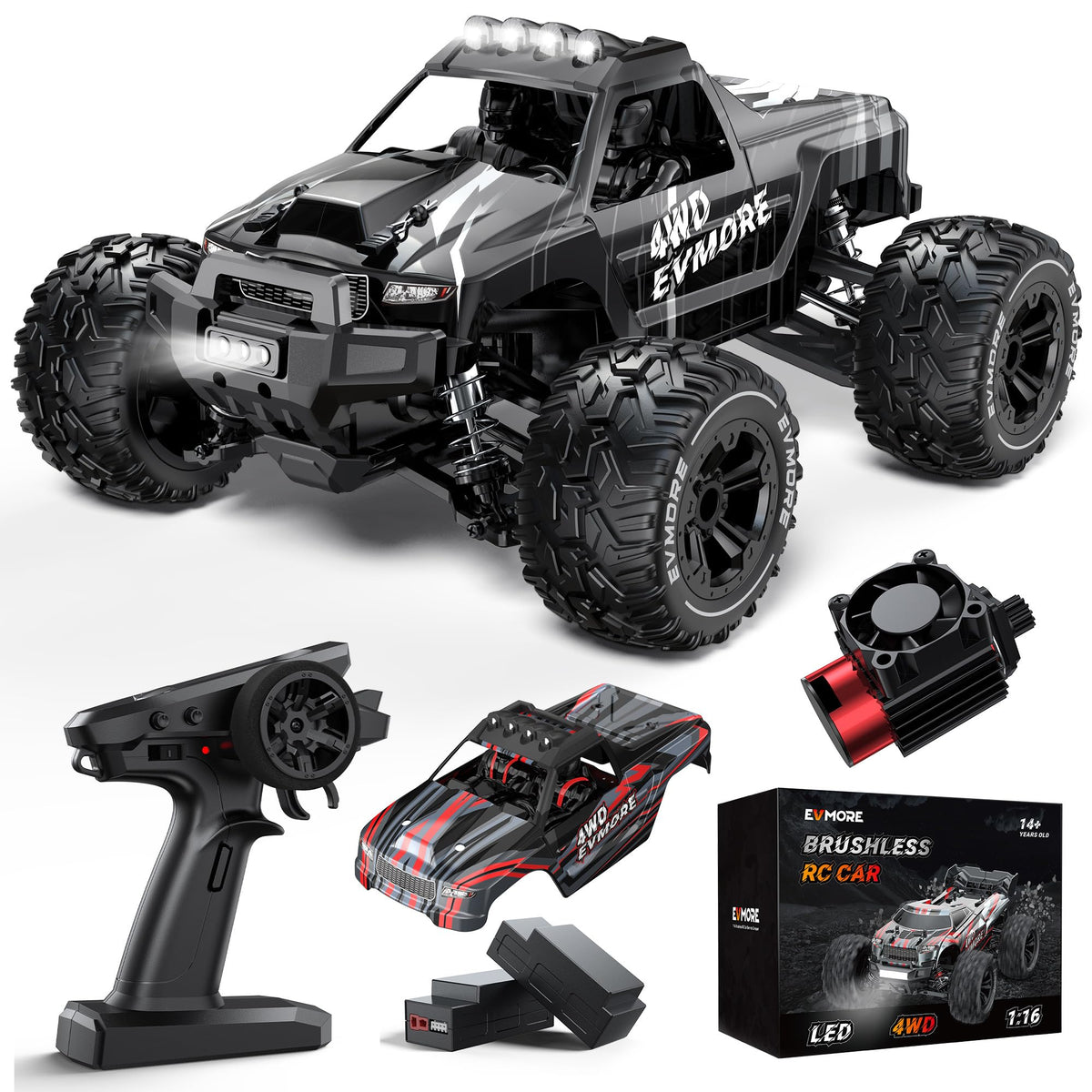 Evmore 1/16 brushless RC car front view highlighting fast off-road potential.