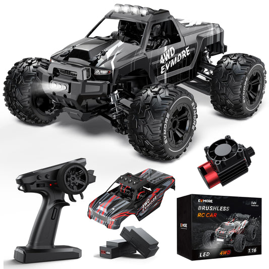 Evmore 1/16 brushless RC car front view highlighting fast off-road potential.