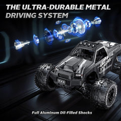 Evmore 1/16 brushless RC car shocks illustrate durable suspension system.
