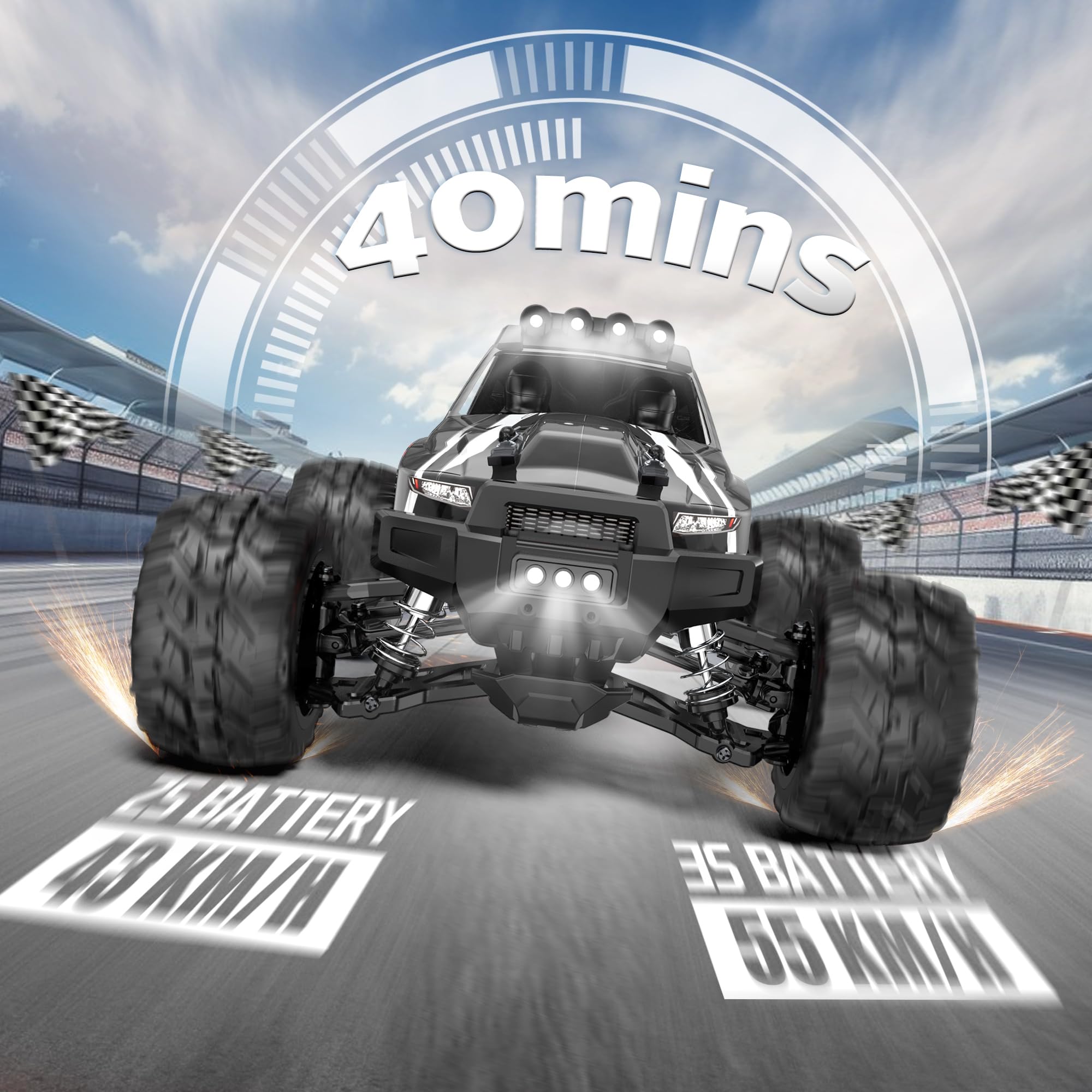 Evmore 1/16 brushless RC car side view emphasizing 4WD stability.