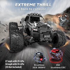 Evmore 1/16 brushless RC car top view showing sleek chassis design.
