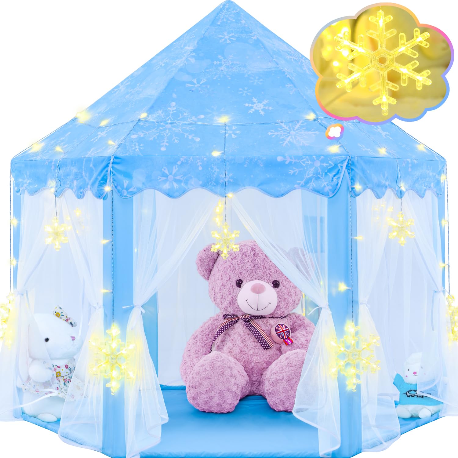 EVOIONOS Frozen Princess Tent with snowflake lights for cozy indoor playtime.
