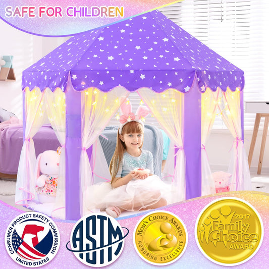 EVOIONOS princess tent interior with star lights for magical storytelling moments.
