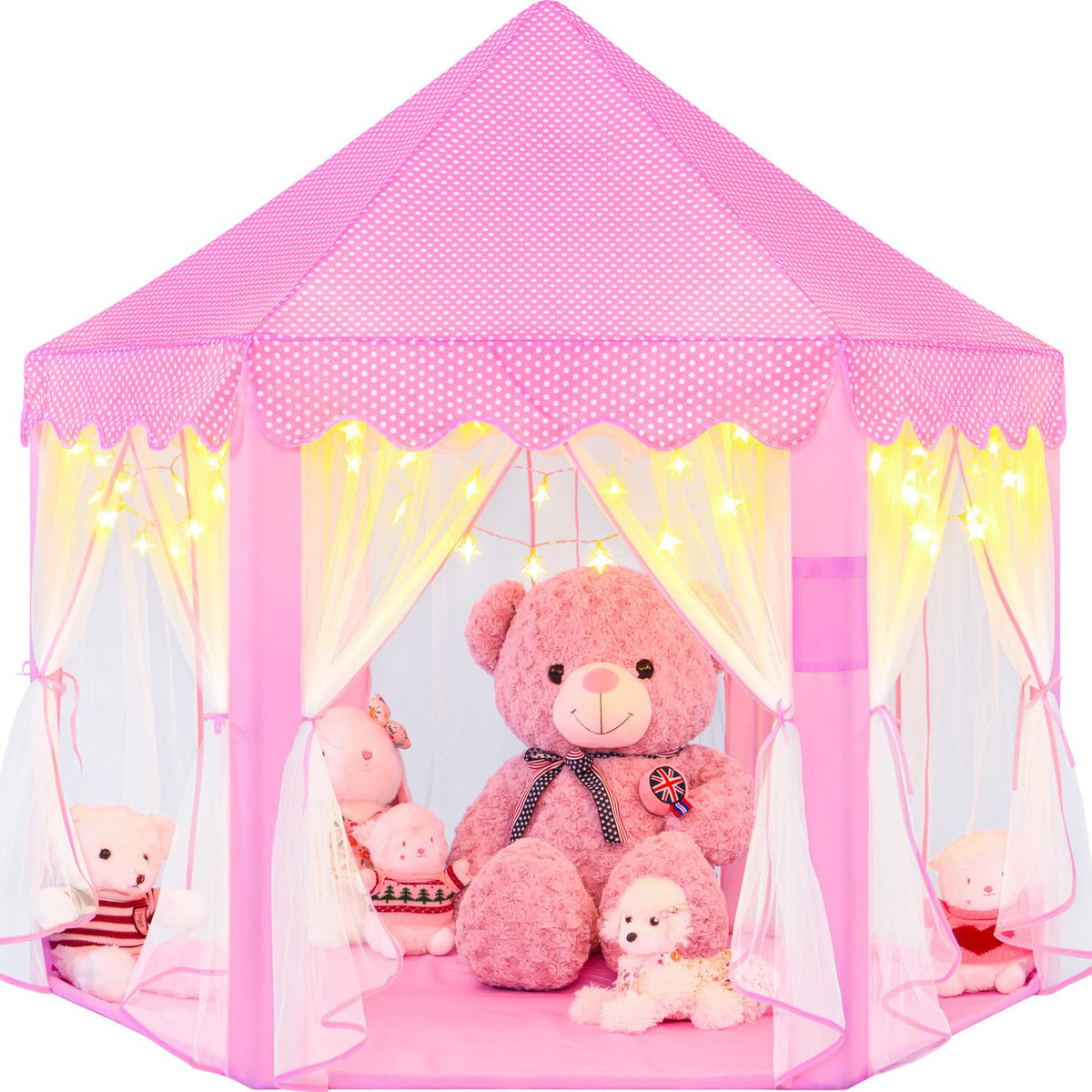 EVOIONOS Princess Tent with star lights creates a magical play area for kids.