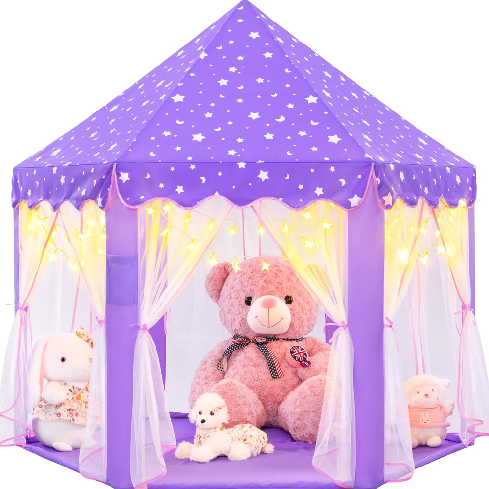 EVOIONOS purple tent front view, ideal for imaginative play in a cozy kids' room.