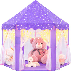 EVOIONOS purple tent front view, ideal for imaginative play in a cozy kids' room.