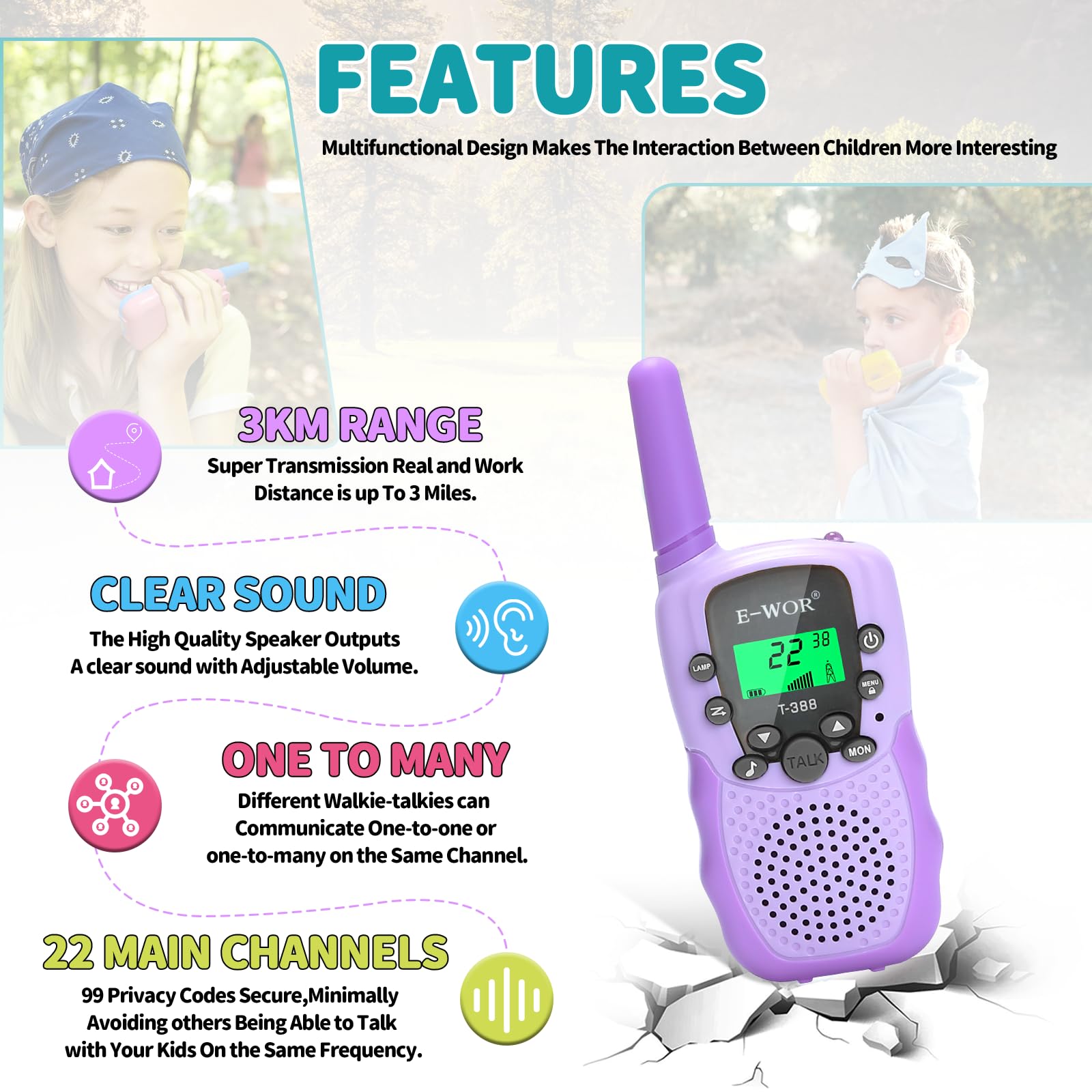 E-WOR walkie talkies with USB charging cables for convenient recharge