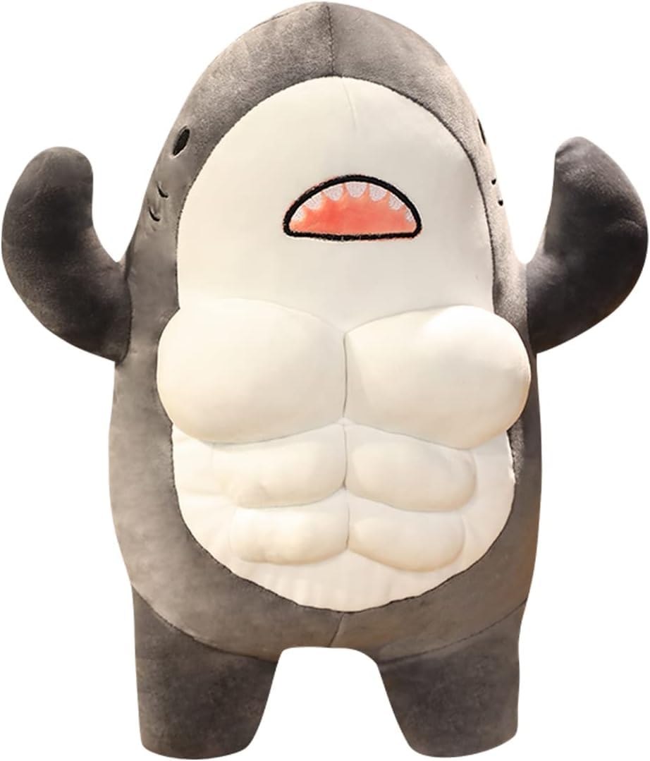 EXIGENT Kawaii Muscle Abs Teddy Bear Shark Gray with soft plush texture for comforting play