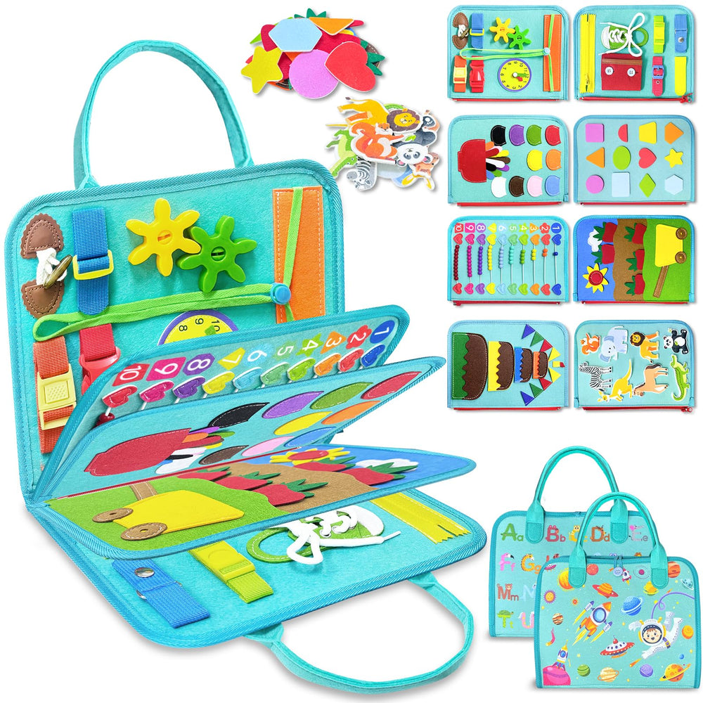 Exorany Busy Board with 8 pages promotes diverse toddler activities.