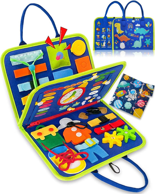 Exorany Busy Board front covers with animal alphabet and dinosaurs promote interactive play.