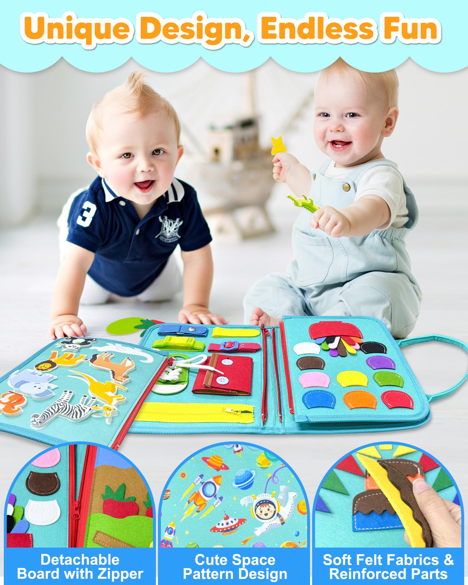 Exorany Busy Board uses safe soft felt and secure parts for worry-free play.