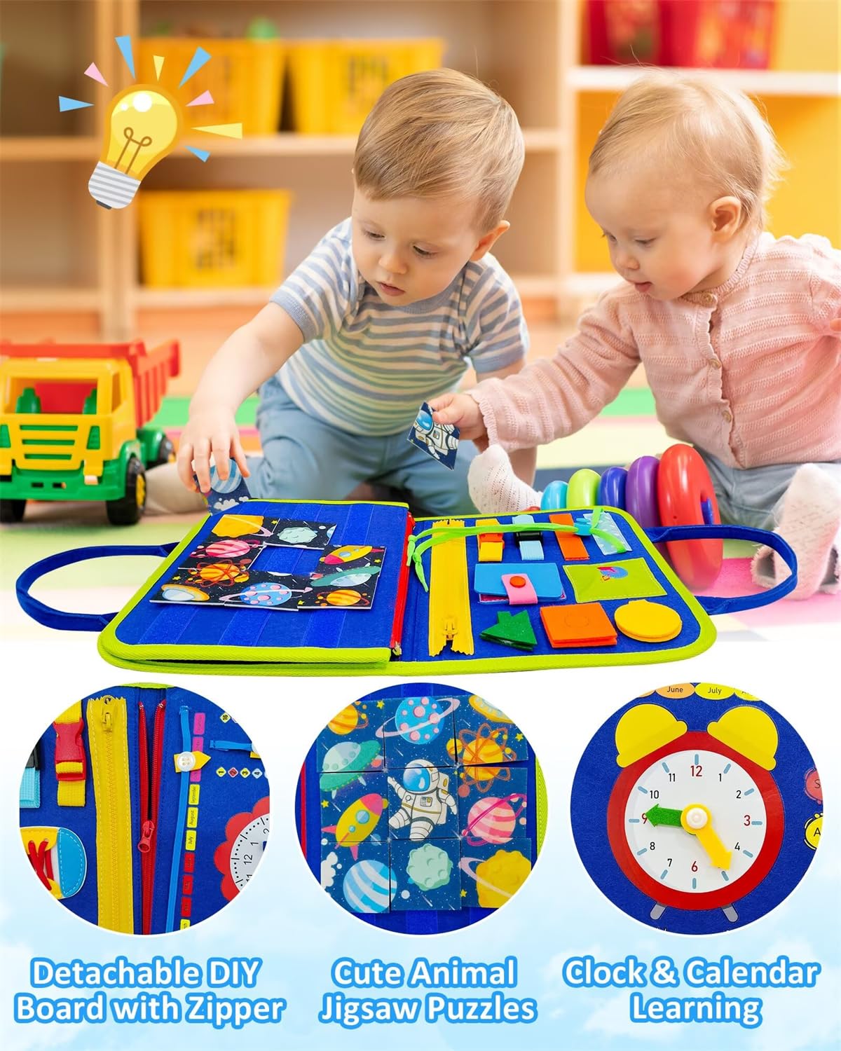 Exorany Busy Board soft felt material keeps little hands safe.