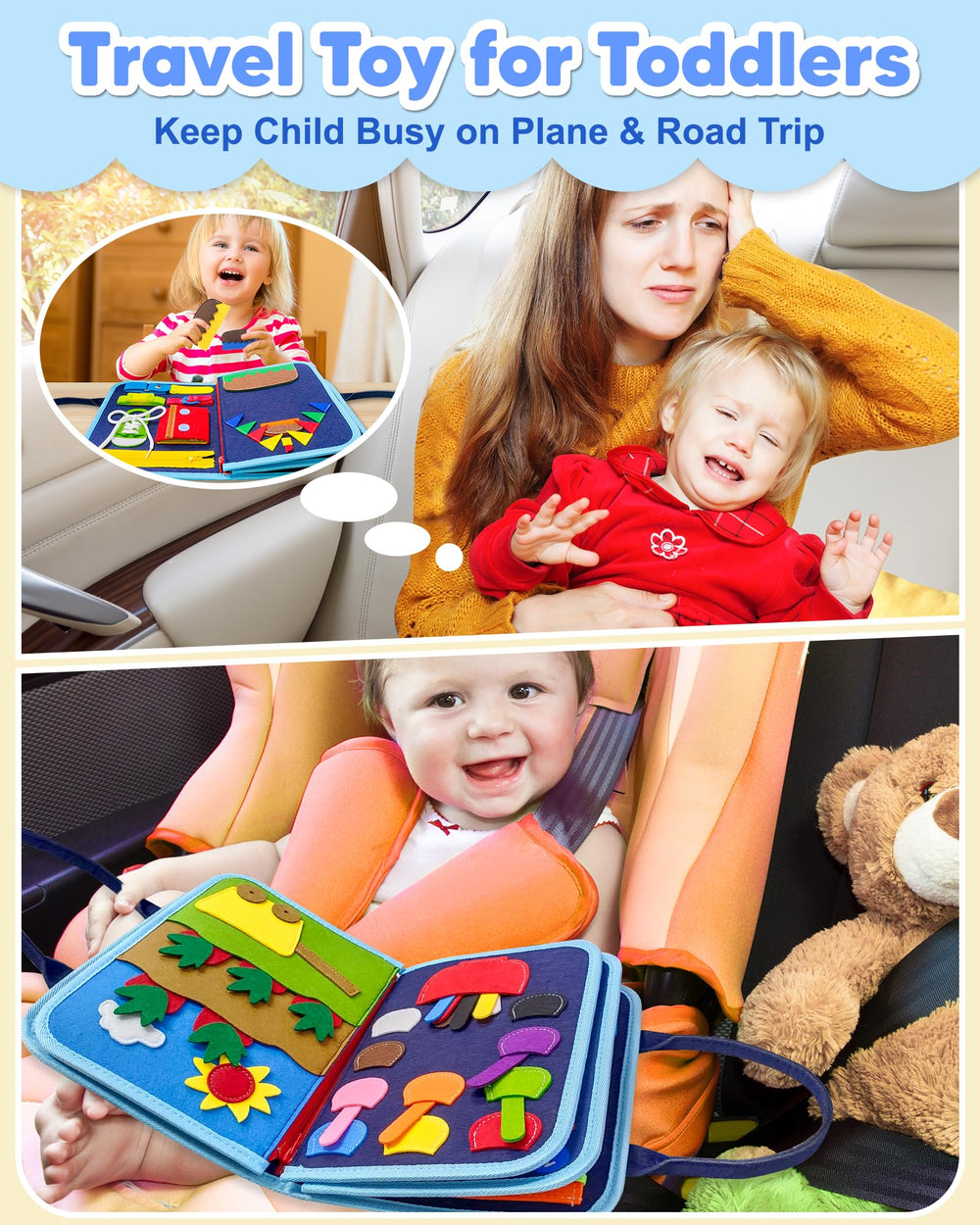 Exorany Busy Board zipper and button page strengthens finger dexterity during play.