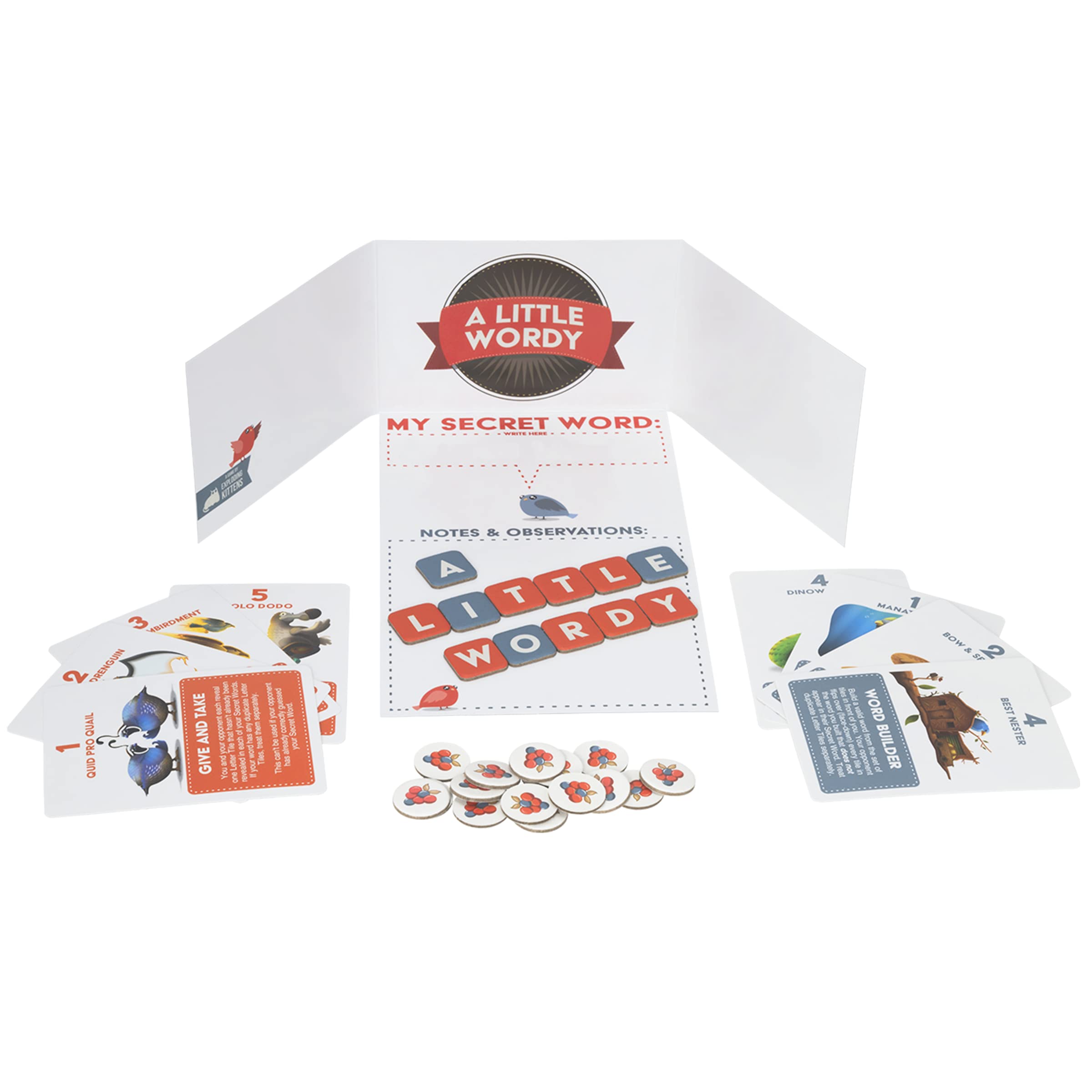 Exploding Kittens A Little Wordy berry tokens and bags enhance tactile play.
