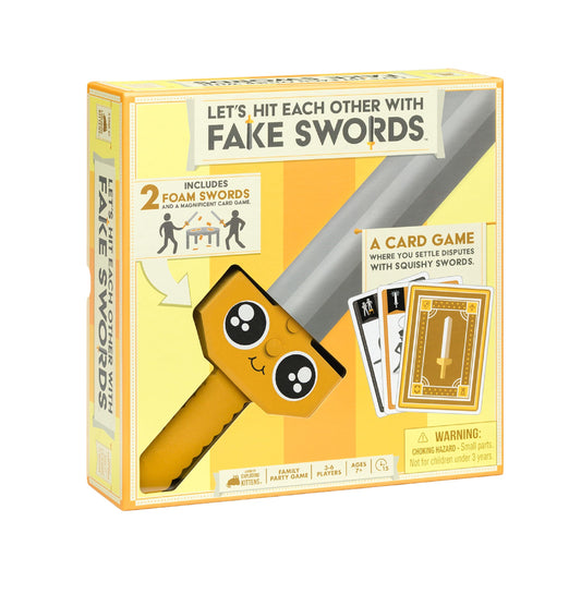 Exploding Kittens fake swords duel scene for family-friendly fun.