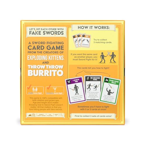 Exploding Kittens foam swords included for safe, energetic duels.