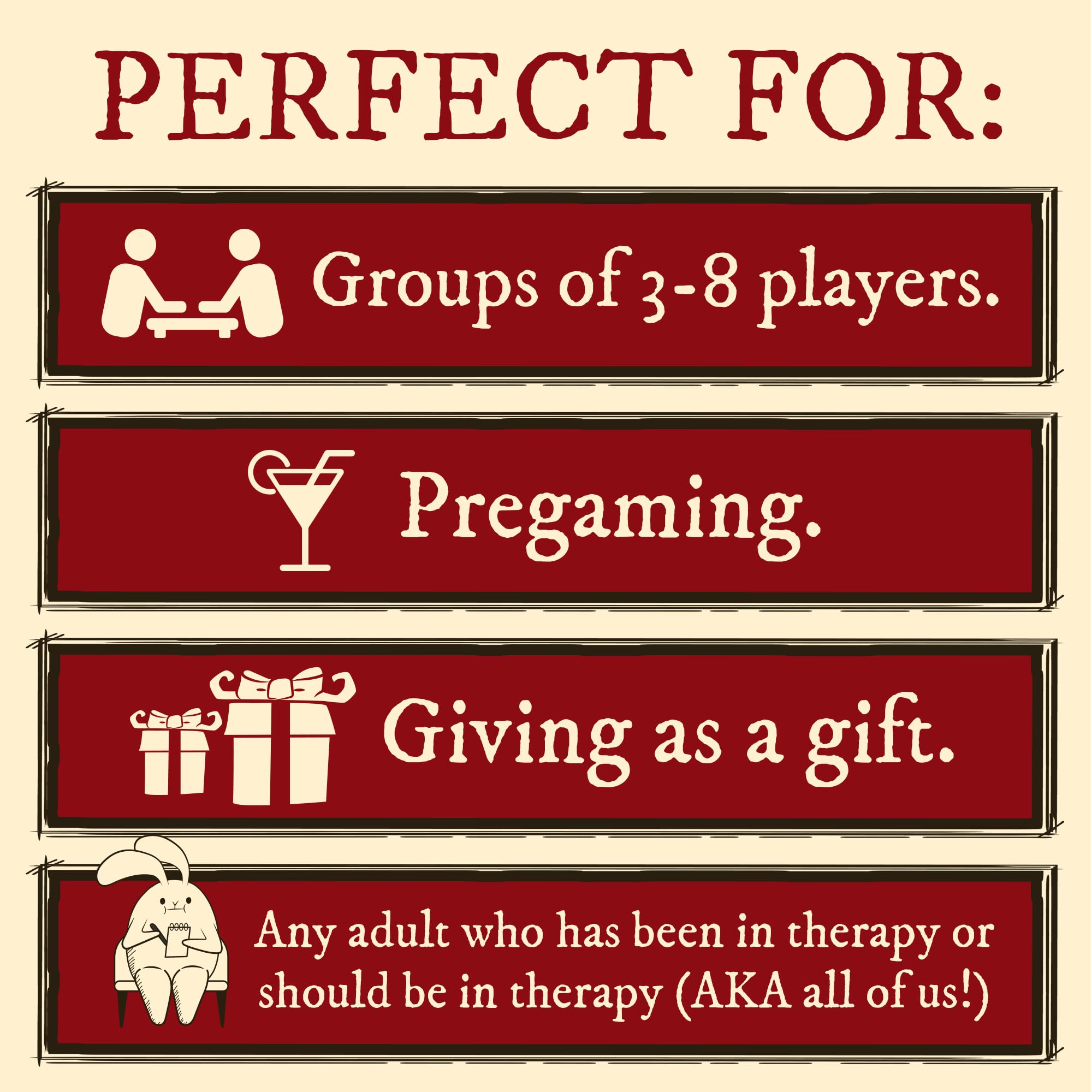 Exploding Kittens Horrible Therapist 17+ rating supports bold adult humor.