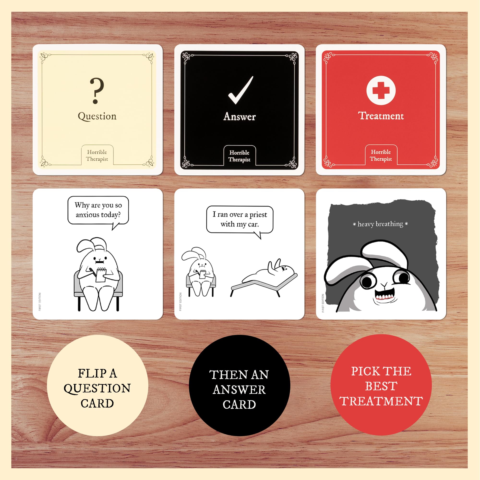 Exploding Kittens Horrible Therapist art by The Oatmeal highlighted on select cards.