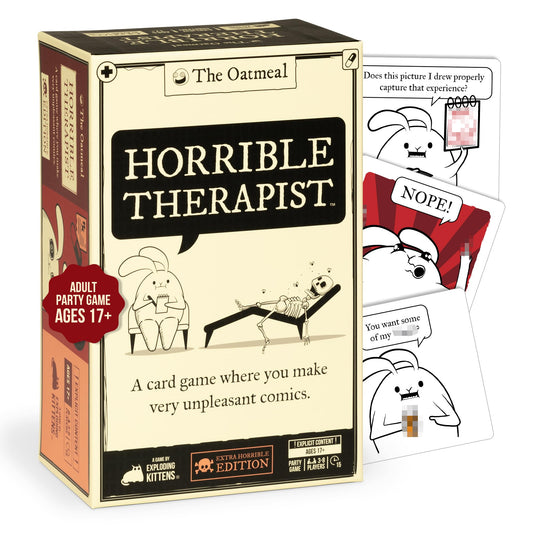 Exploding Kittens Horrible Therapist question cards spread, perfect for quick, humorous rounds.