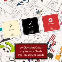 Exploding Kittens Horrible Therapist treatment cards showcased for punchy punchlines during play.