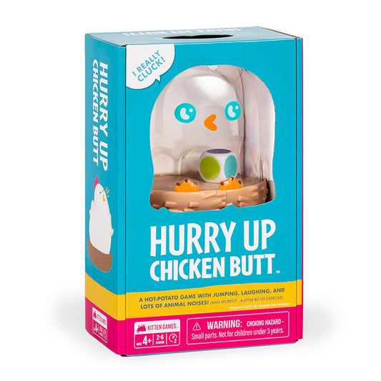 Exploding Kittens Hurry Up Chicken Butt chicken shaker in action for quick, silly play.