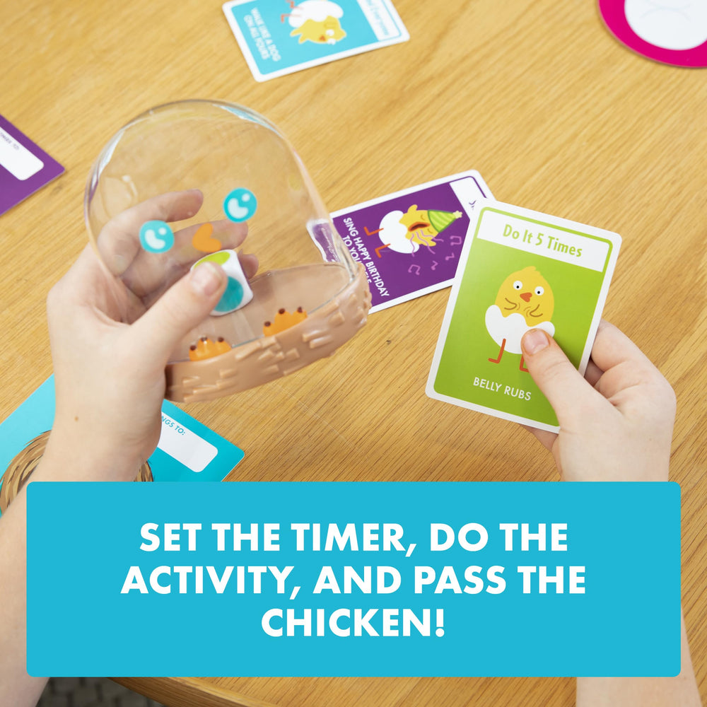 Exploding Kittens Hurry Up Chicken Butt kids 4+ enjoying family game night.