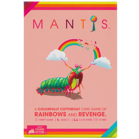 Exploding Kittens Mantis box front with vibrant art, ideal for fast party play.