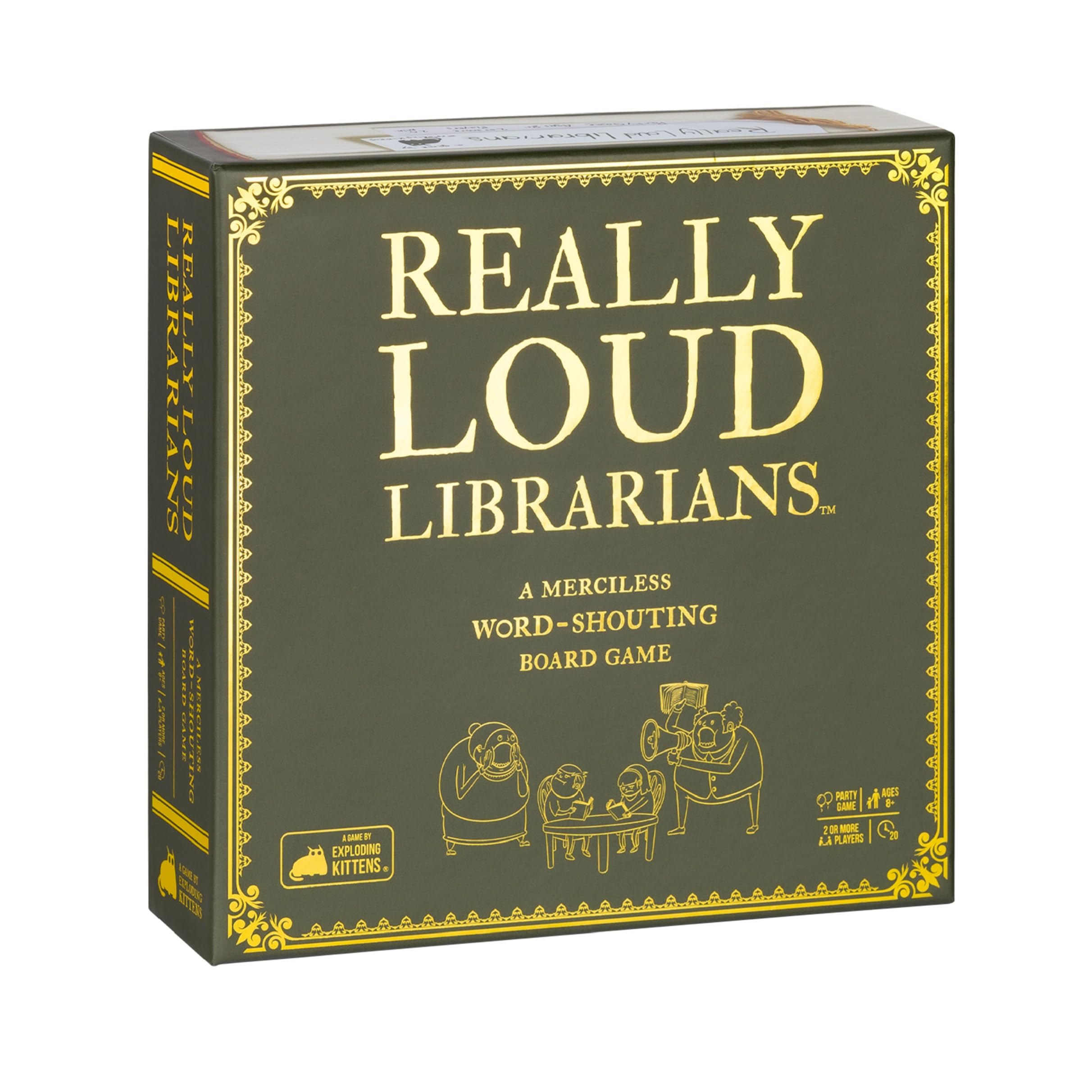 Exploding Kittens Really Loud Librarians game board for fast word battles during family game night