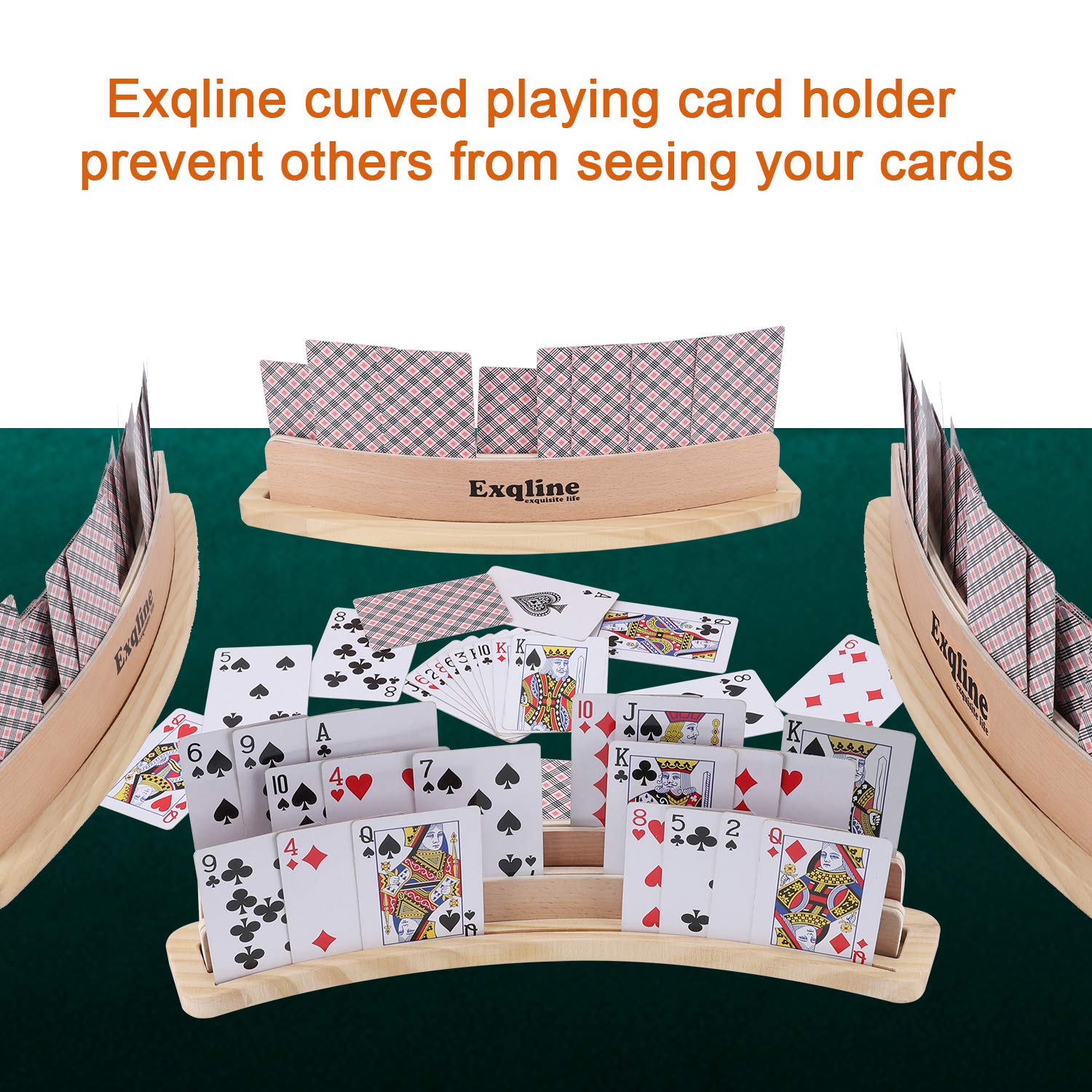 Exqline curved wooden card holder base with anti-slip protection on table