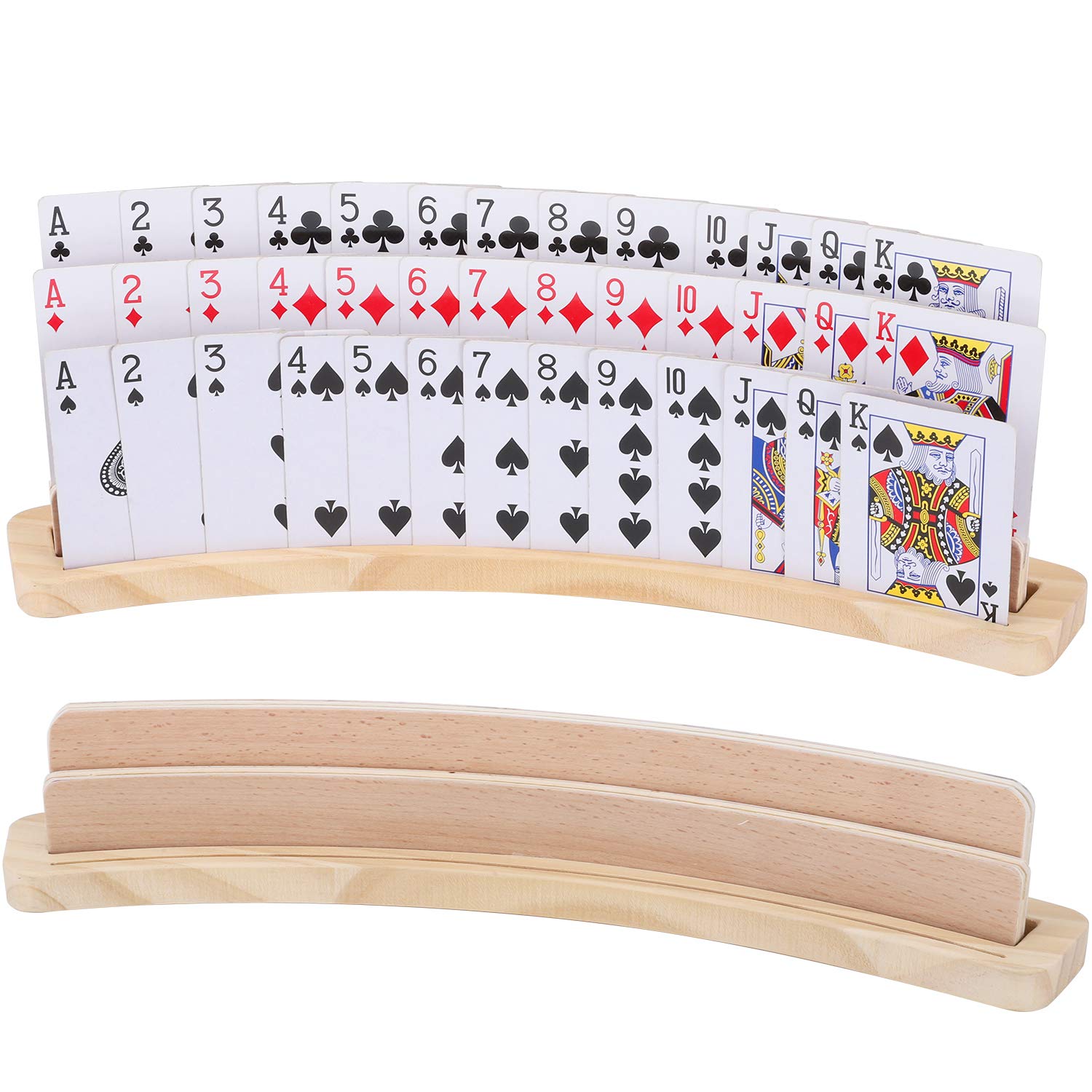 Exqline curved wooden card holder front view with three slots for easy visibility