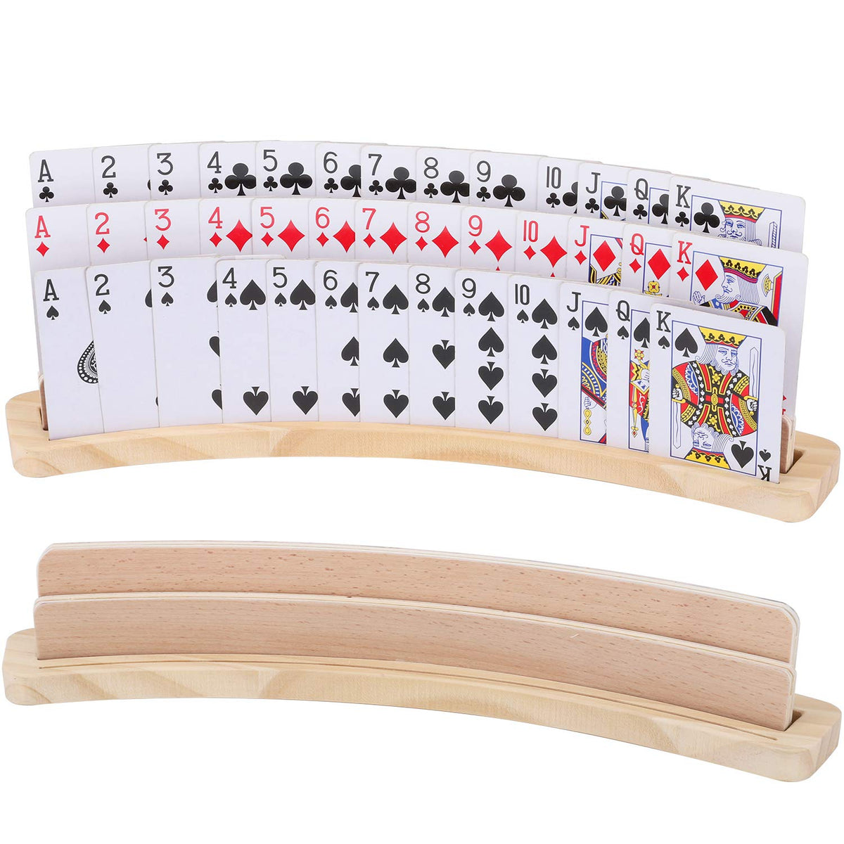 Exqline curved wooden card holder front view with three slots for easy visibility