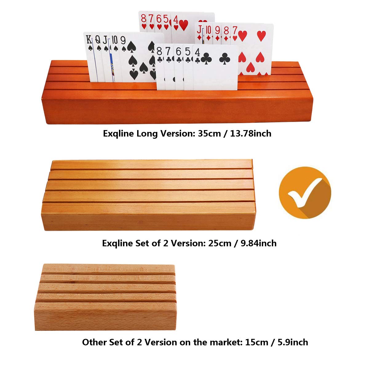 Exqline wood playing card holders feature ascending slots for quick card access during play.