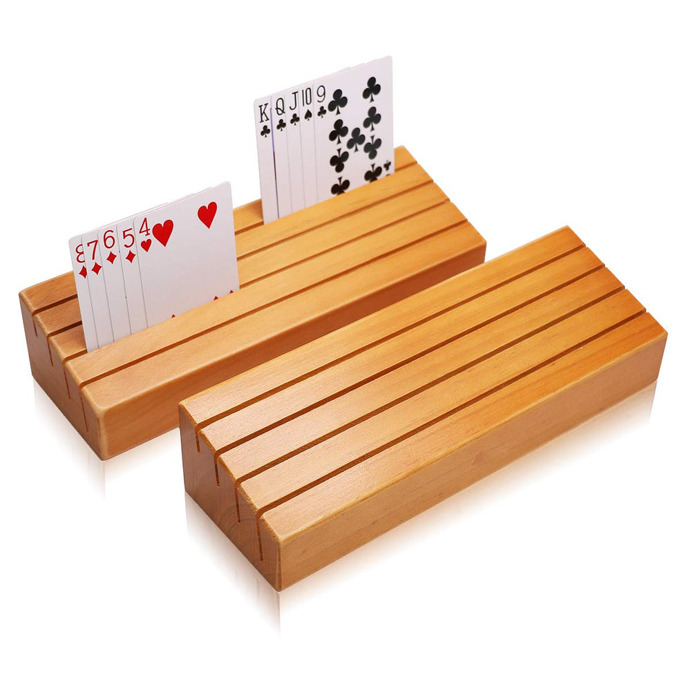 Exqline wood playing card holders set 2, top view with four-slot visibility.