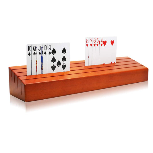 Exqline wooden card holder with four ascending slots for easy card access.