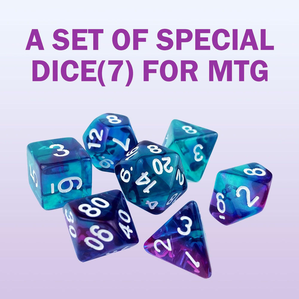 Extalas MTG Playmat seven-dice set ready for quick randomization.
