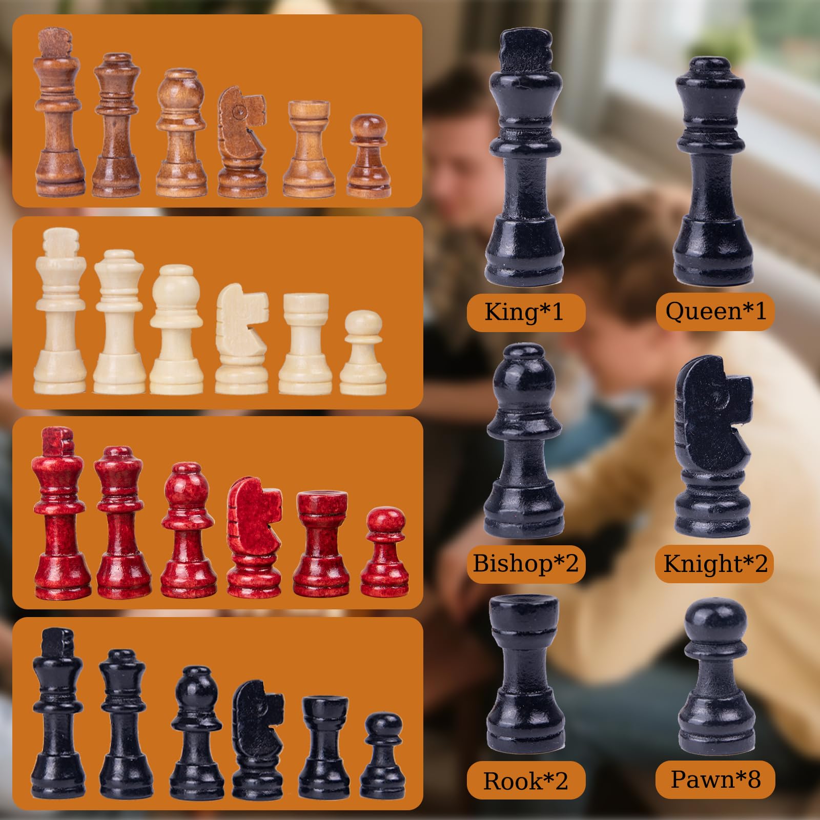 Extguds chess pieces stored neatly in a wooden box for quick setup and transport.